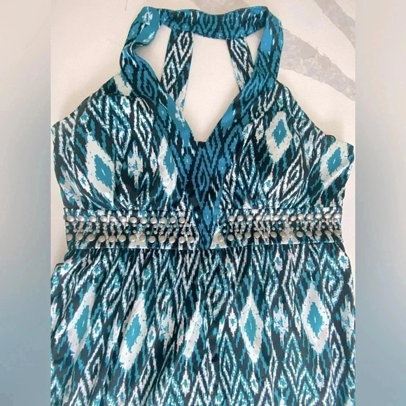 INC Women’s V-Neck Halter Mini Dress Studded Black, Blue, White Aztec Medium EUC - Picture 6 of 9